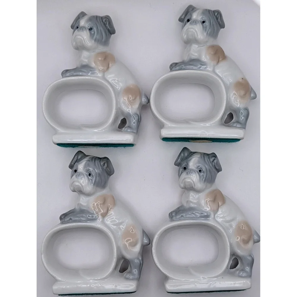 Vintage Takahashi San Francisco Porcelain Bulldog Napkin Rings Set of 4 Japan